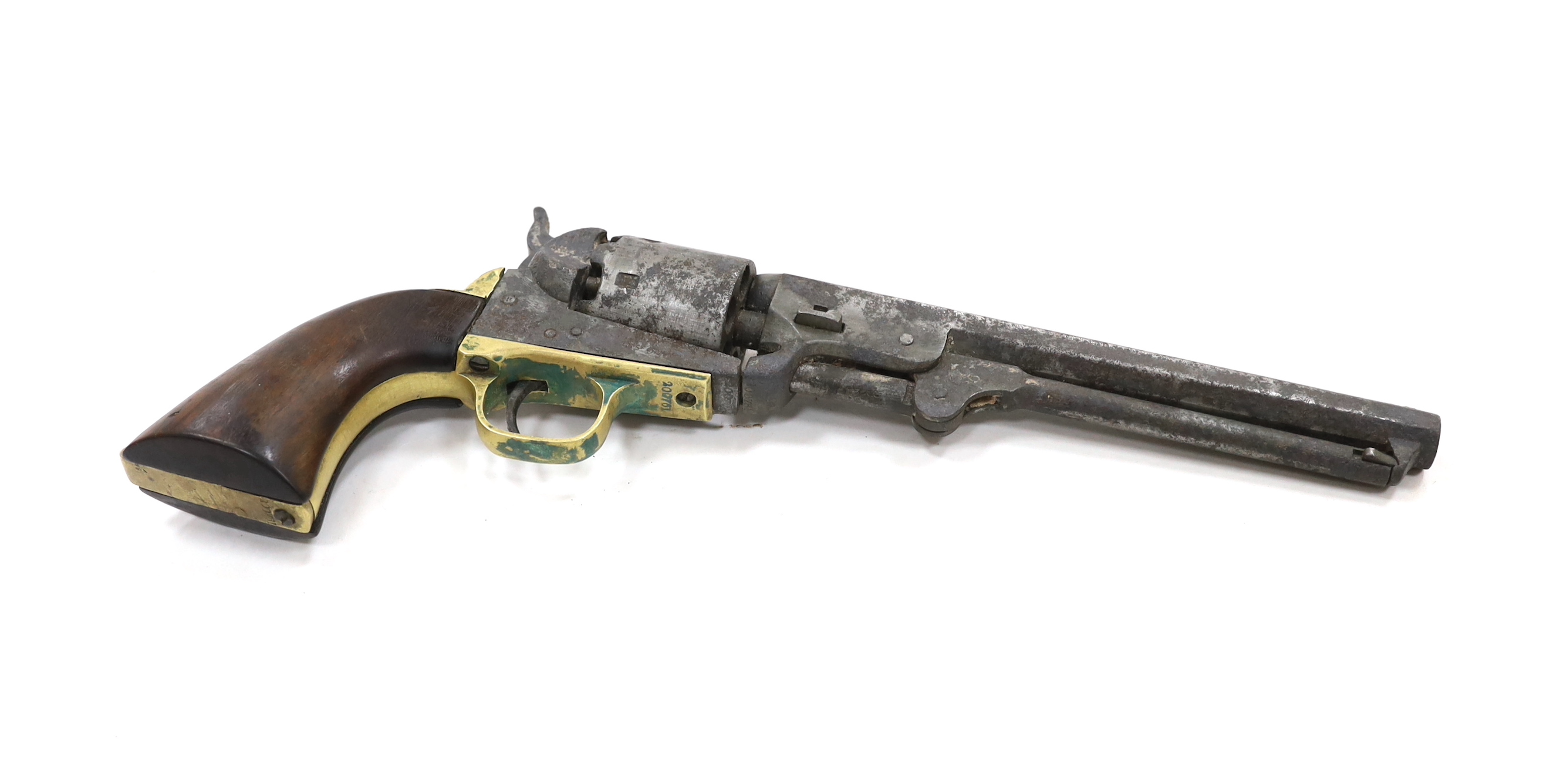 A six shot .36” Colt Navy percussion revolver number 200761 (matching) regulation underlever rammer, brass grip strap and trigger guard, pitted and worn overall